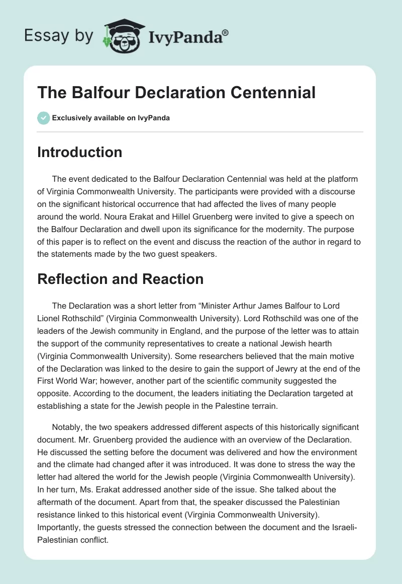 The Balfour Declaration Centennial. Page 1