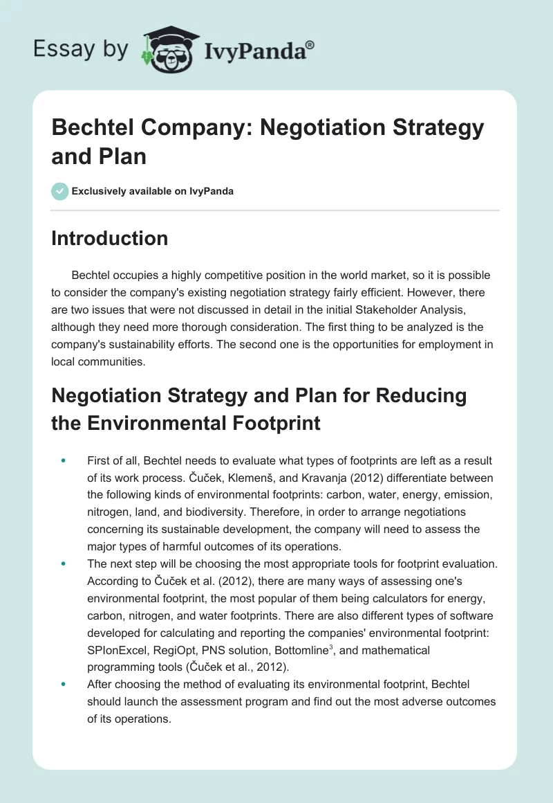 Bechtel Company: Negotiation Strategy and Plan. Page 1