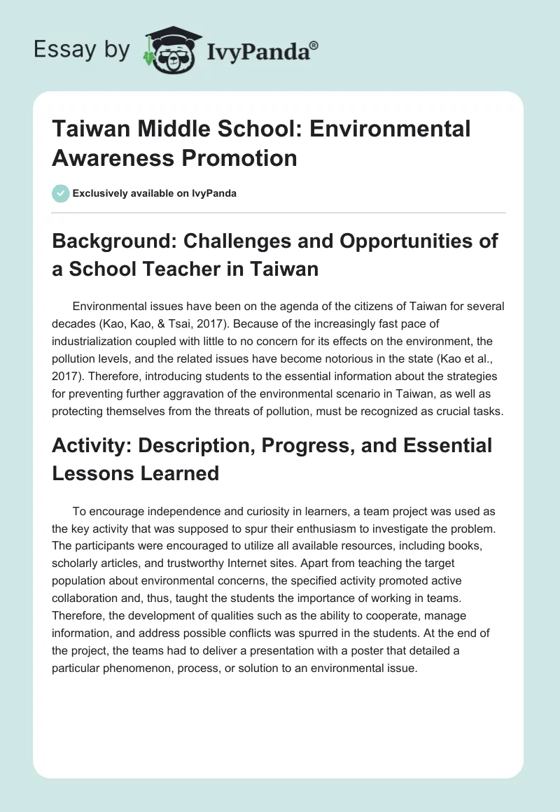 Taiwan Middle School: Environmental Awareness Promotion. Page 1