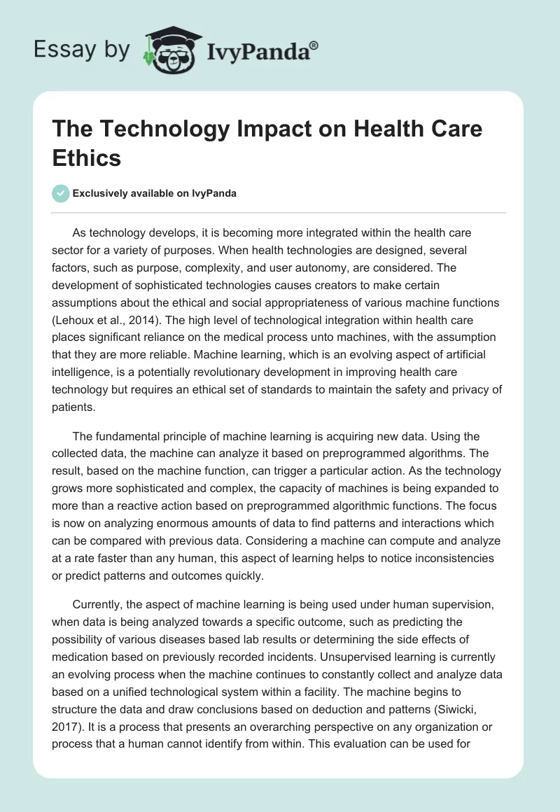The Technology Impact on Health Care Ethics. Page 1