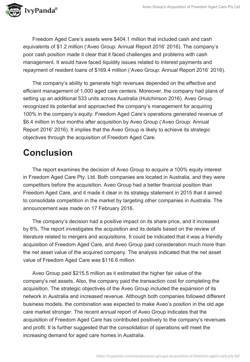Aveo Group's Acquisition of Freedom Aged Care Pty Ltd. Page 2