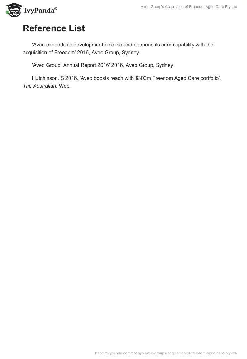 Aveo Group's Acquisition of Freedom Aged Care Pty Ltd. Page 3