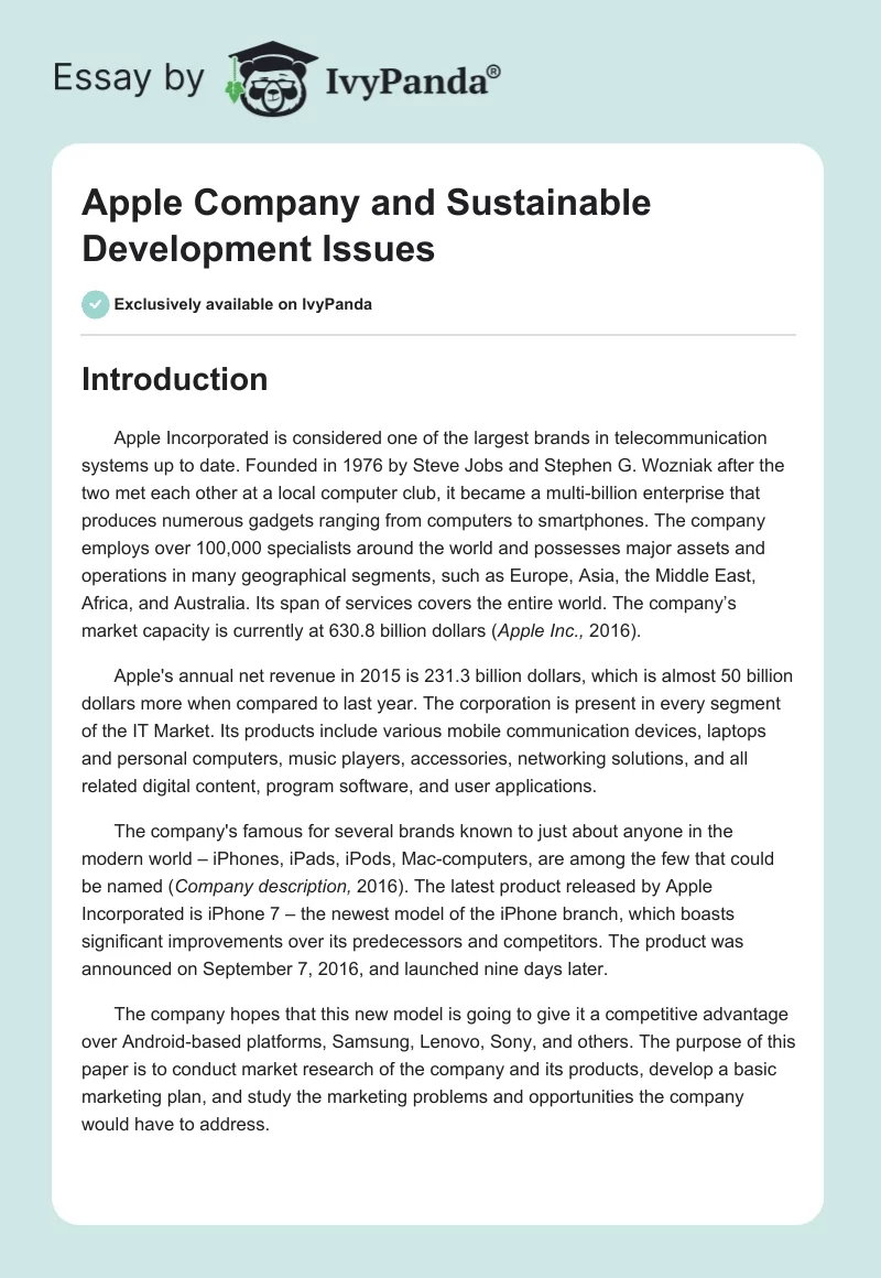 Apple Company and Sustainable Development Issues. Page 1