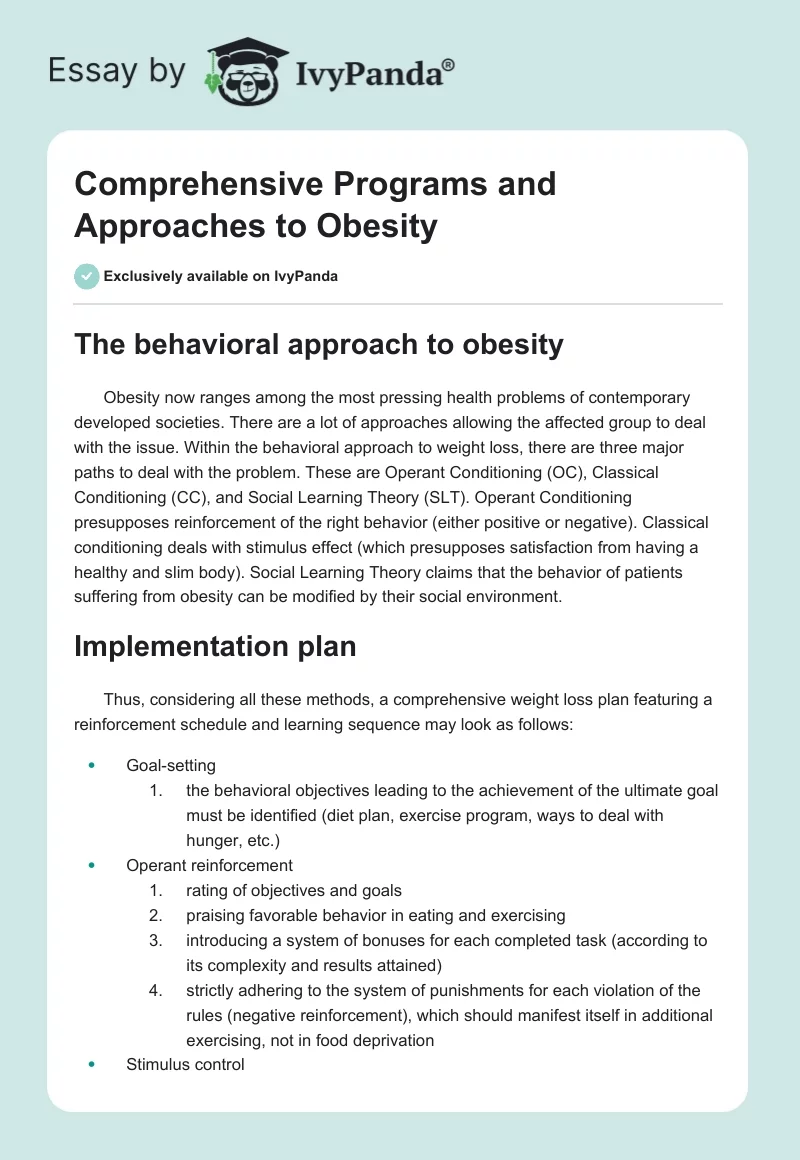 Comprehensive Programs and Approaches to Obesity. Page 1