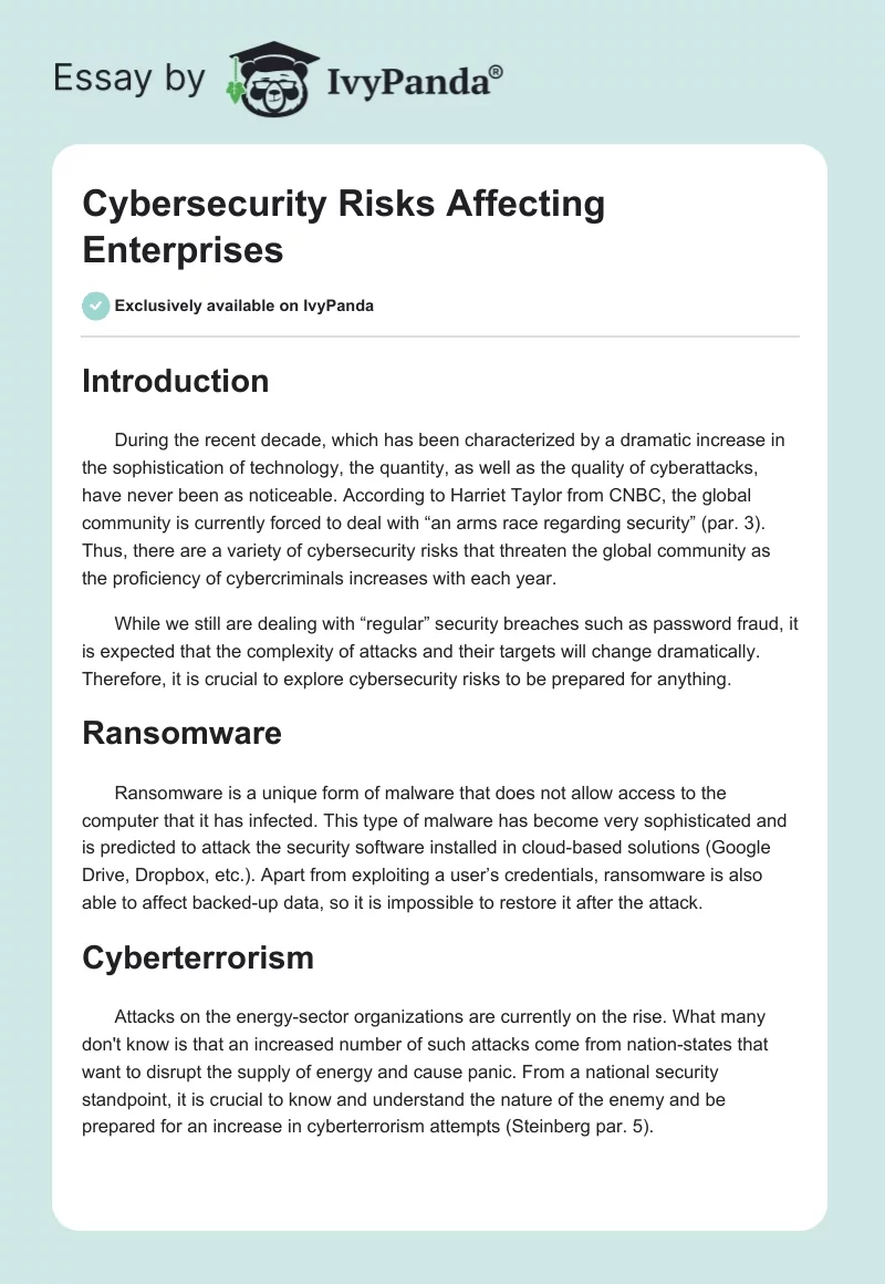 Cybersecurity Risks Affecting Enterprises. Page 1