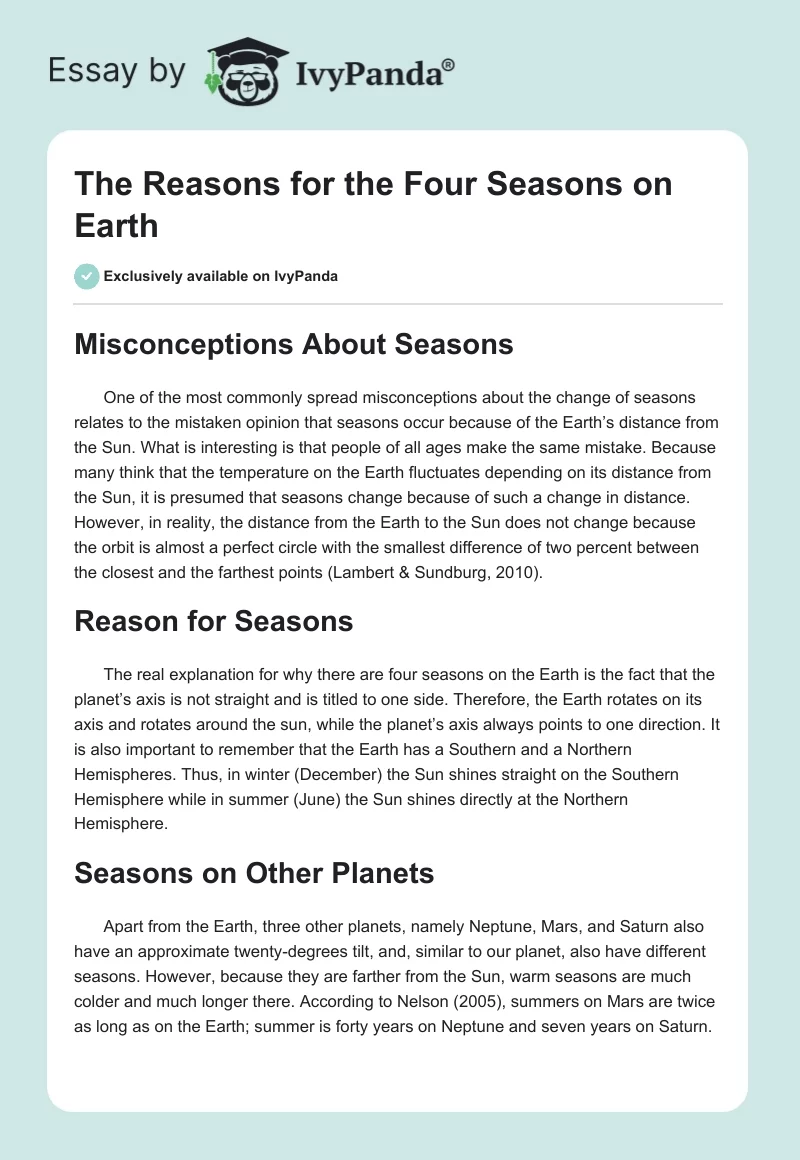 The Reasons for the Four Seasons on Earth. Page 1