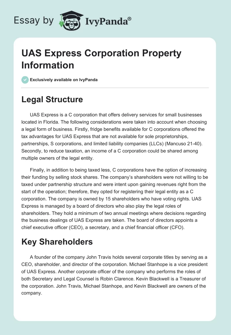 UAS Express Corporation Property Information. Page 1