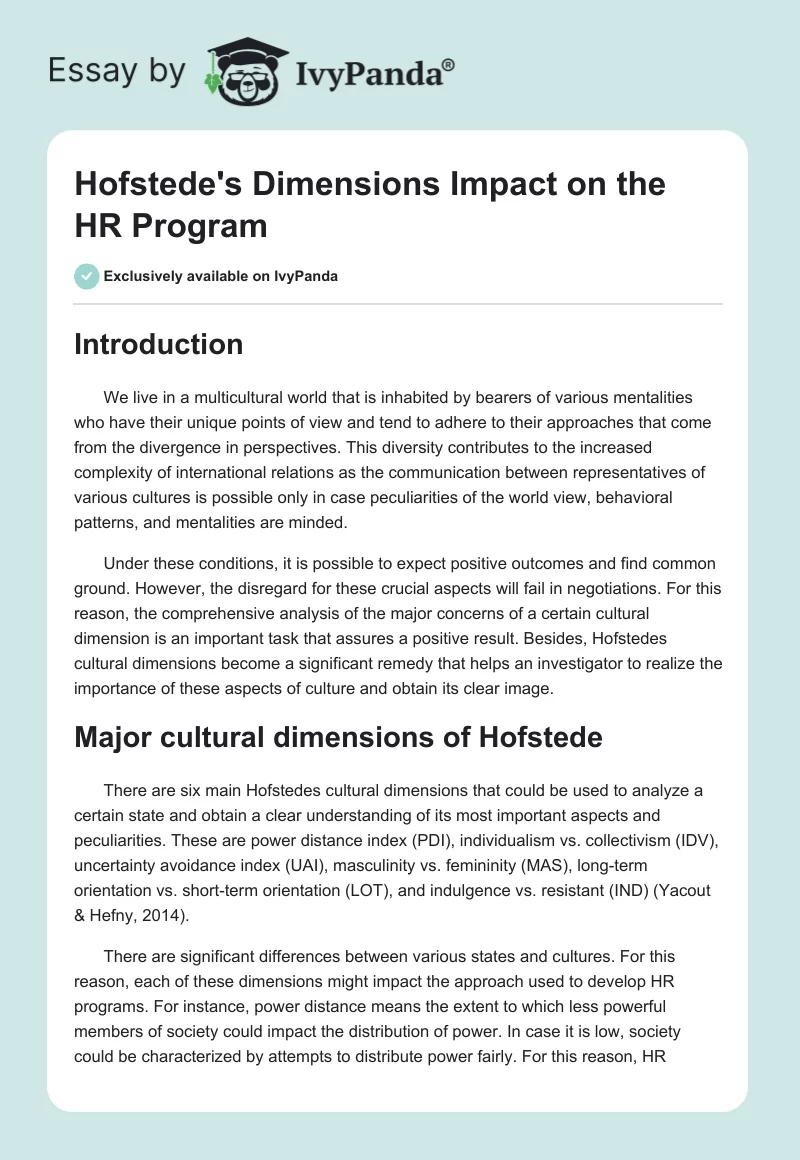 Hofstede's Dimensions Impact on the HR Program. Page 1