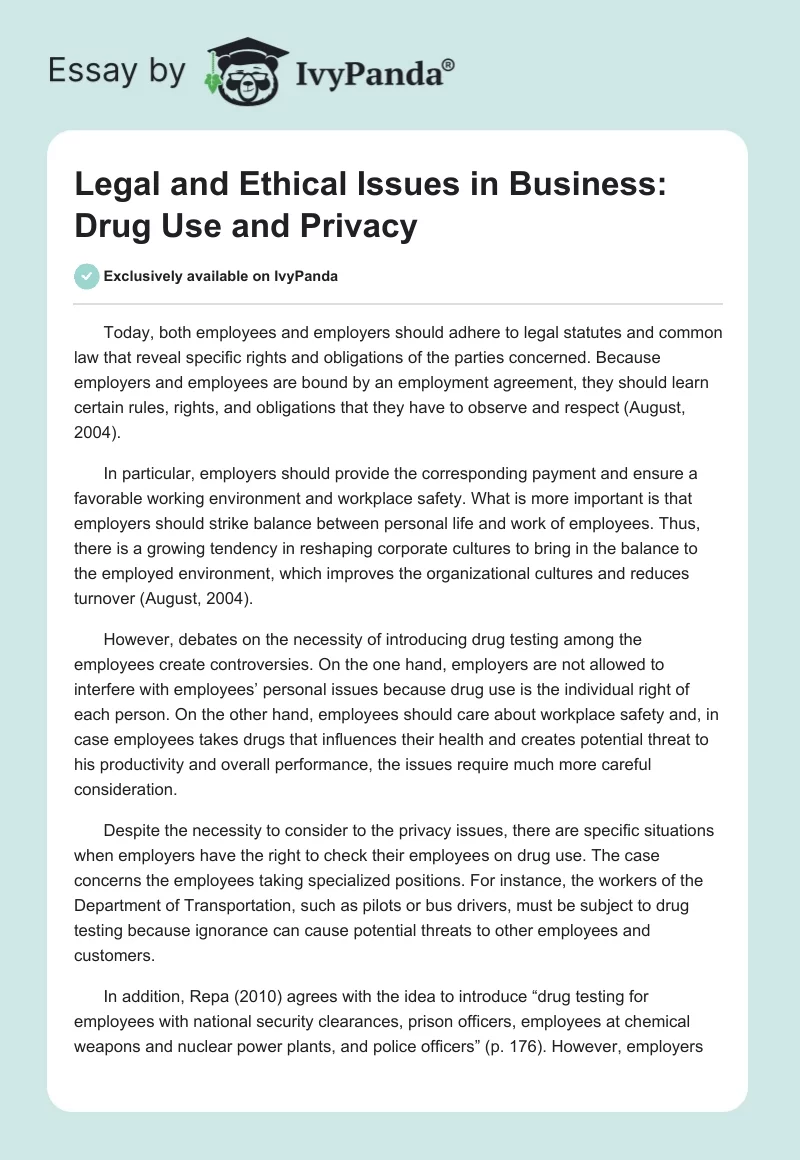 Legal and Ethical Issues in Business: Drug Use and Privacy. Page 1