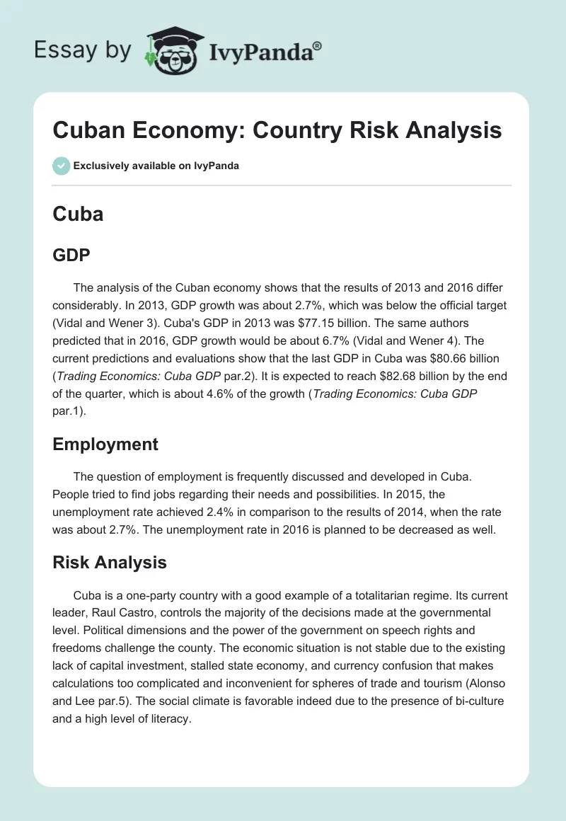 Cuban Economy: Country Risk Analysis. Page 1