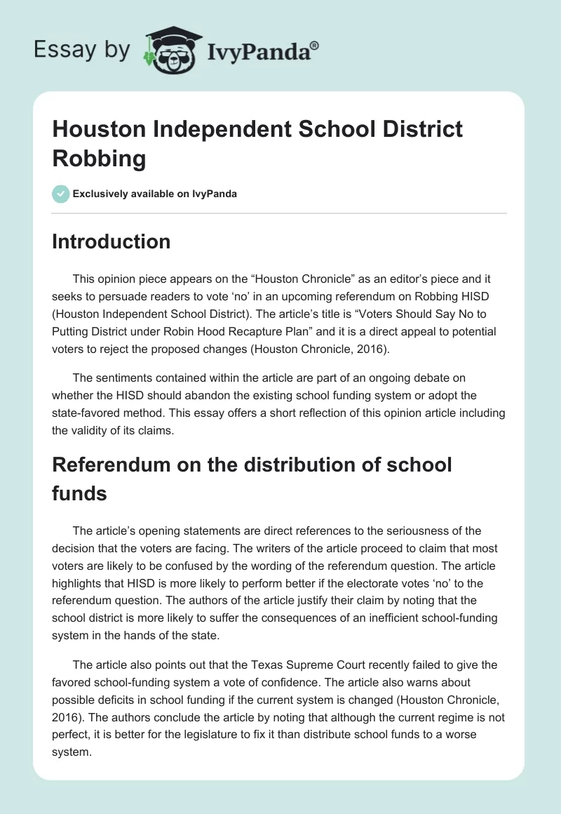 Houston Independent School District Robbing. Page 1