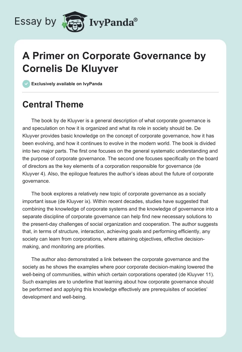 "A Primer on Corporate Governance" by Cornelis De Kluyver. Page 1