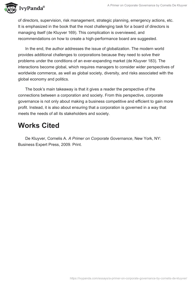 "A Primer on Corporate Governance" by Cornelis De Kluyver. Page 3