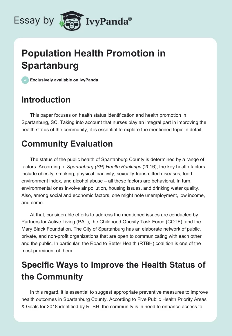 Population Health Promotion in Spartanburg. Page 1