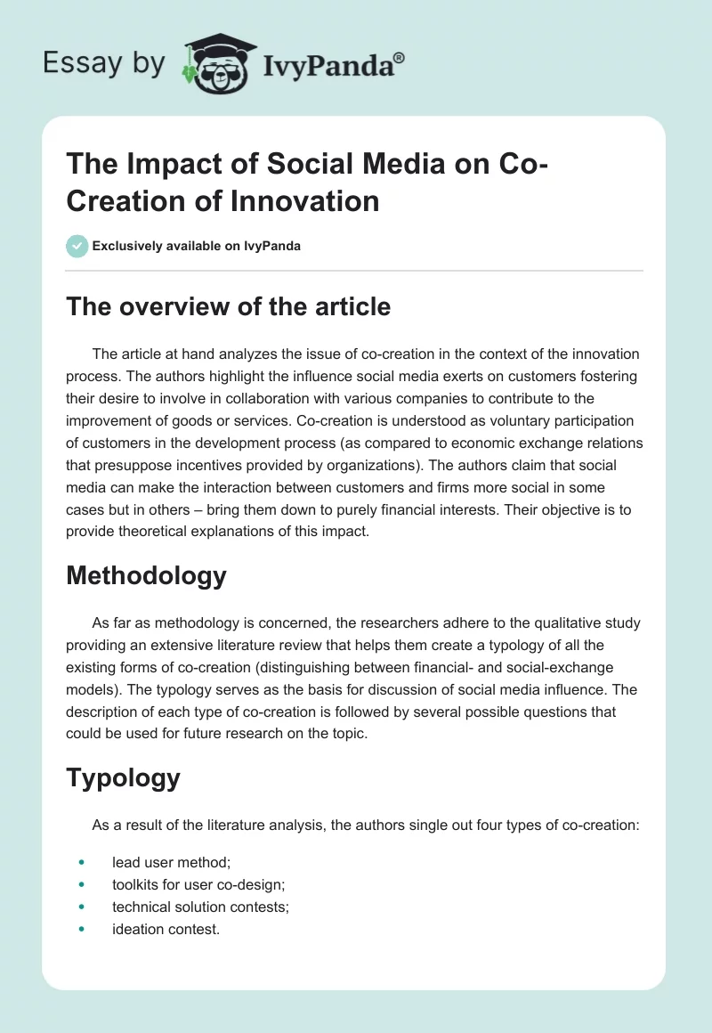 The Impact of Social Media on Co‐Creation of Innovation. Page 1