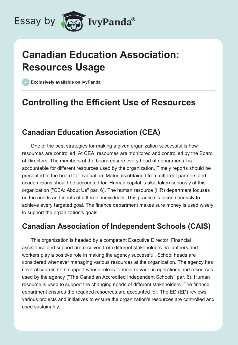 Canadian Education Association: Resources Usage. Page 1