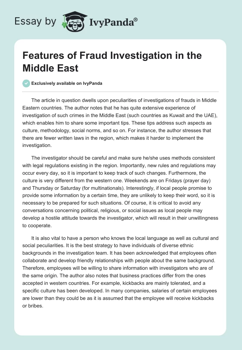 Features of Fraud Investigation in the Middle East. Page 1