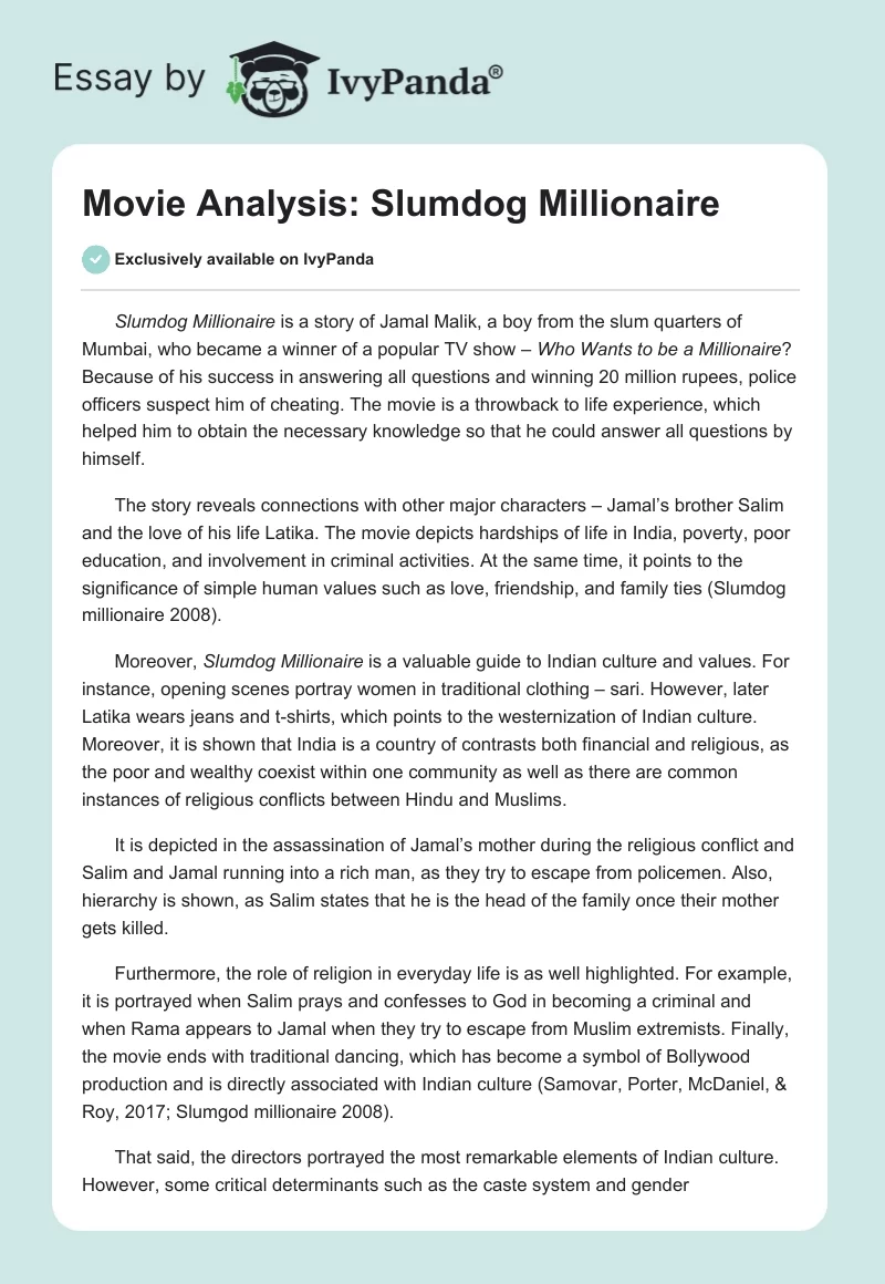 Movie Analysis: "Slumdog Millionaire". Page 1