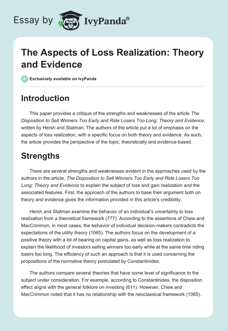 The Aspects of Loss Realization: Theory and Evidence. Page 1