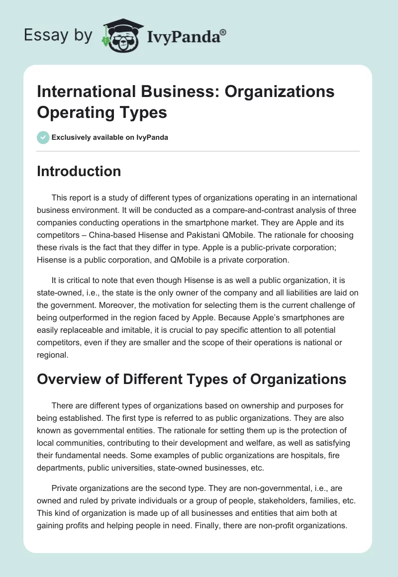 International Business: Organizations Operating Types. Page 1