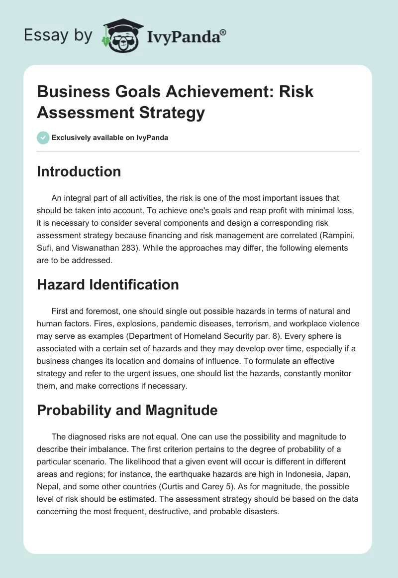 Business Goals Achievement: Risk Assessment Strategy. Page 1