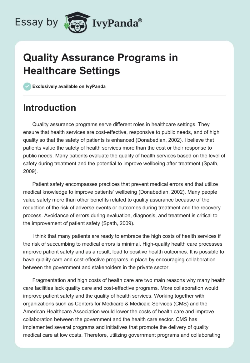 Quality Assurance Programs in Healthcare Settings. Page 1