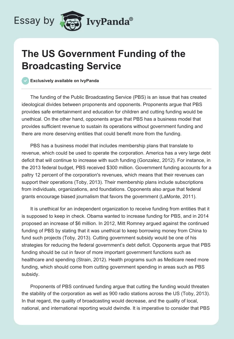 The US Government Funding of the Broadcasting Service. Page 1
