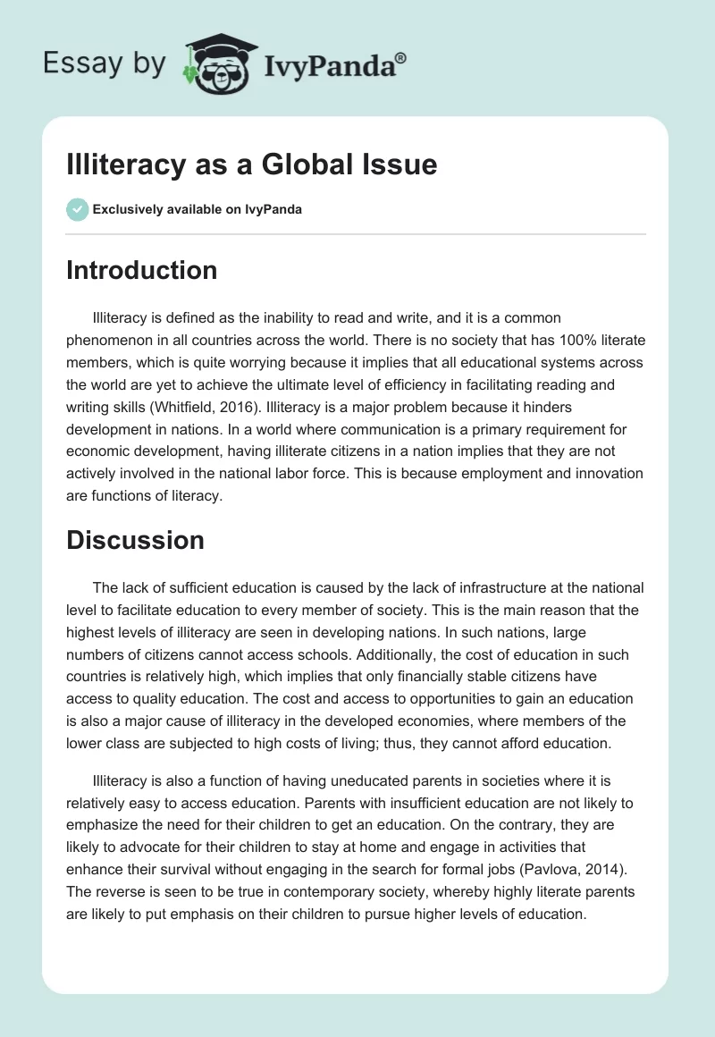 Illiteracy as a Global Issue. Page 1
