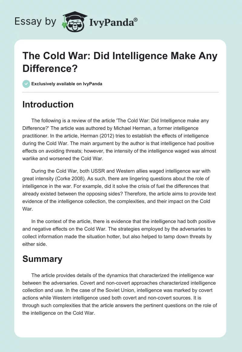 The Cold War: Did Intelligence Make Any Difference?. Page 1