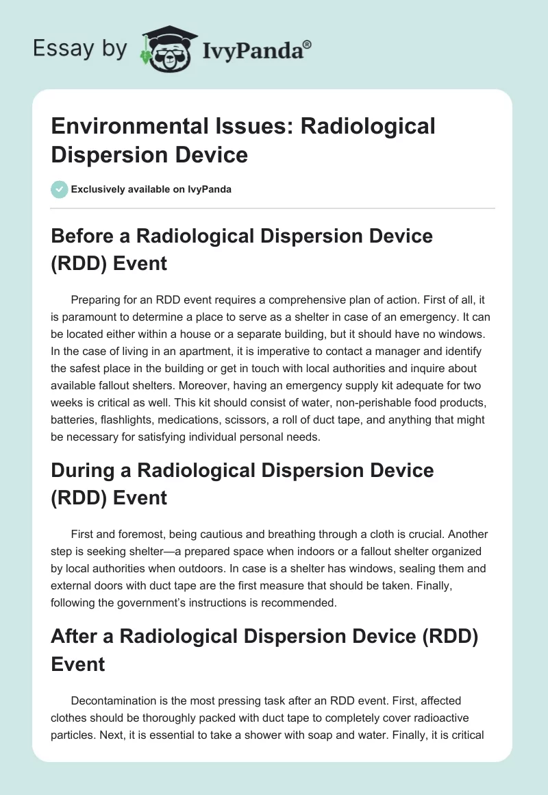 Environmental Issues: Radiological Dispersion Device. Page 1