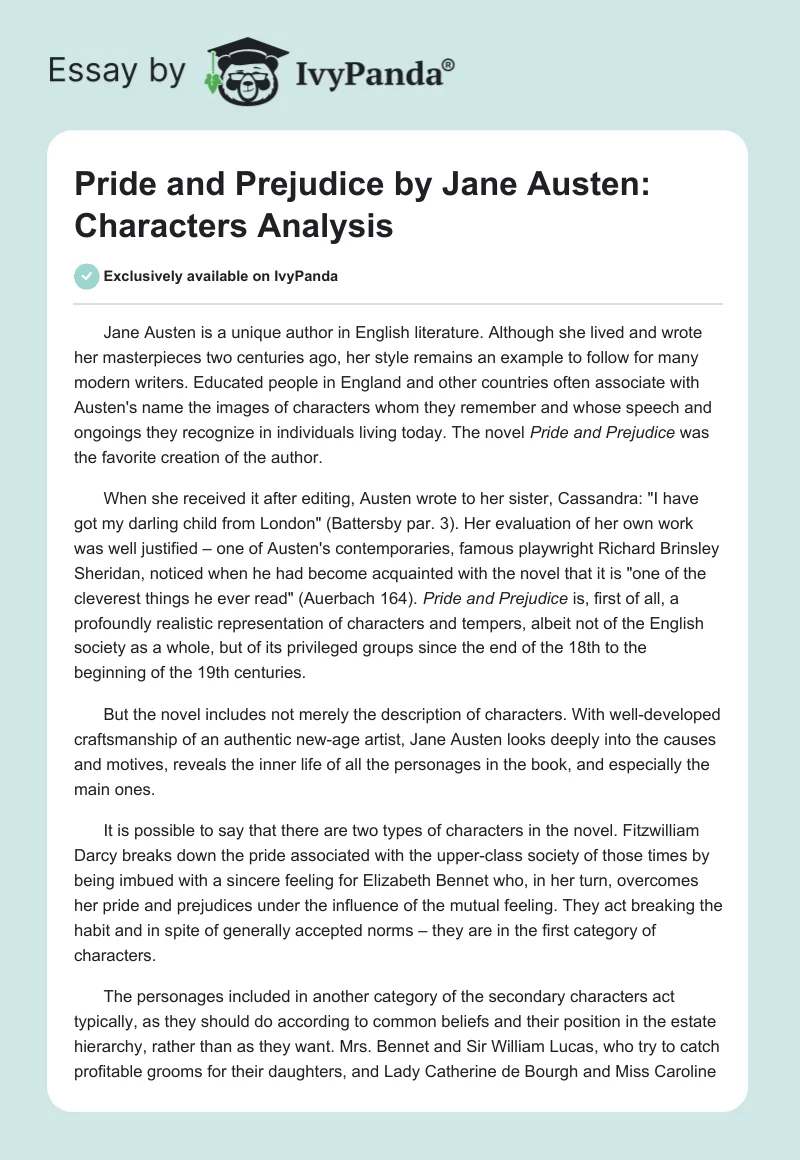 "Pride and Prejudice" by Jane Austen: Characters Analysis. Page 1