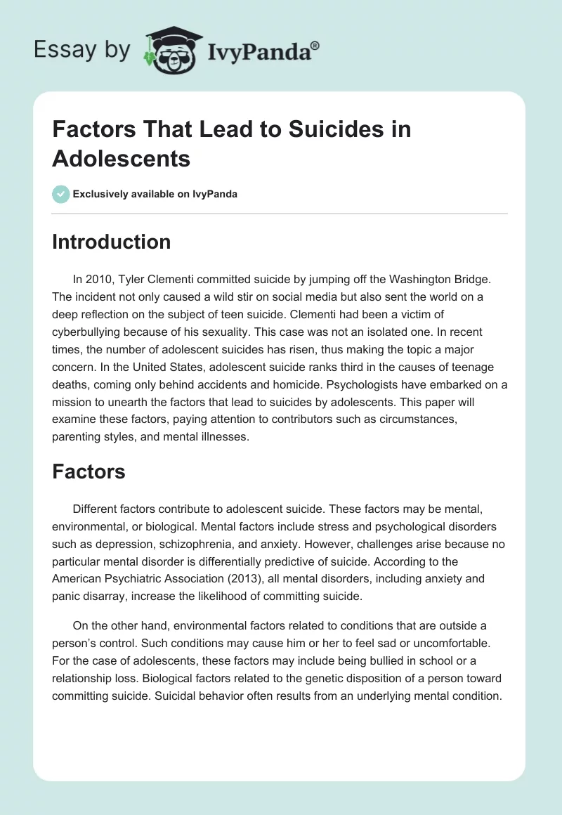 Factors That Lead to Suicides in Adolescents. Page 1