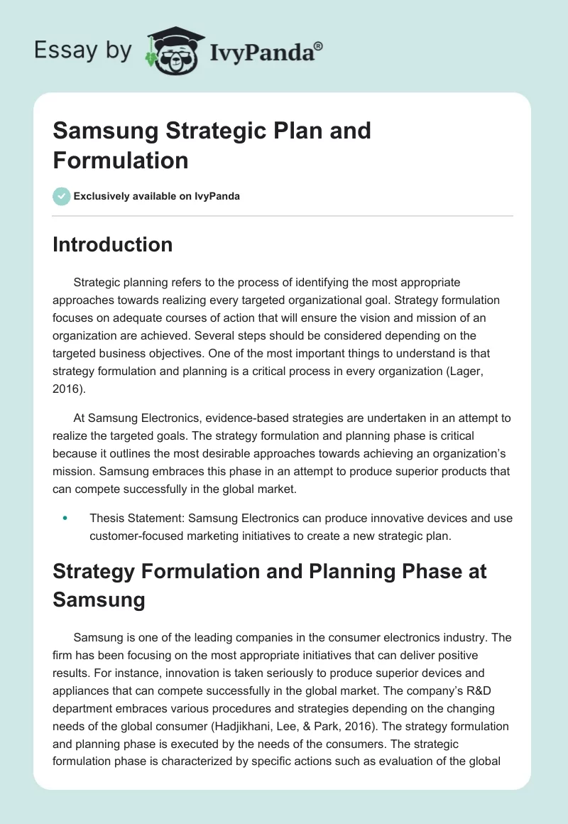 Samsung Strategic Plan and Formulation. Page 1
