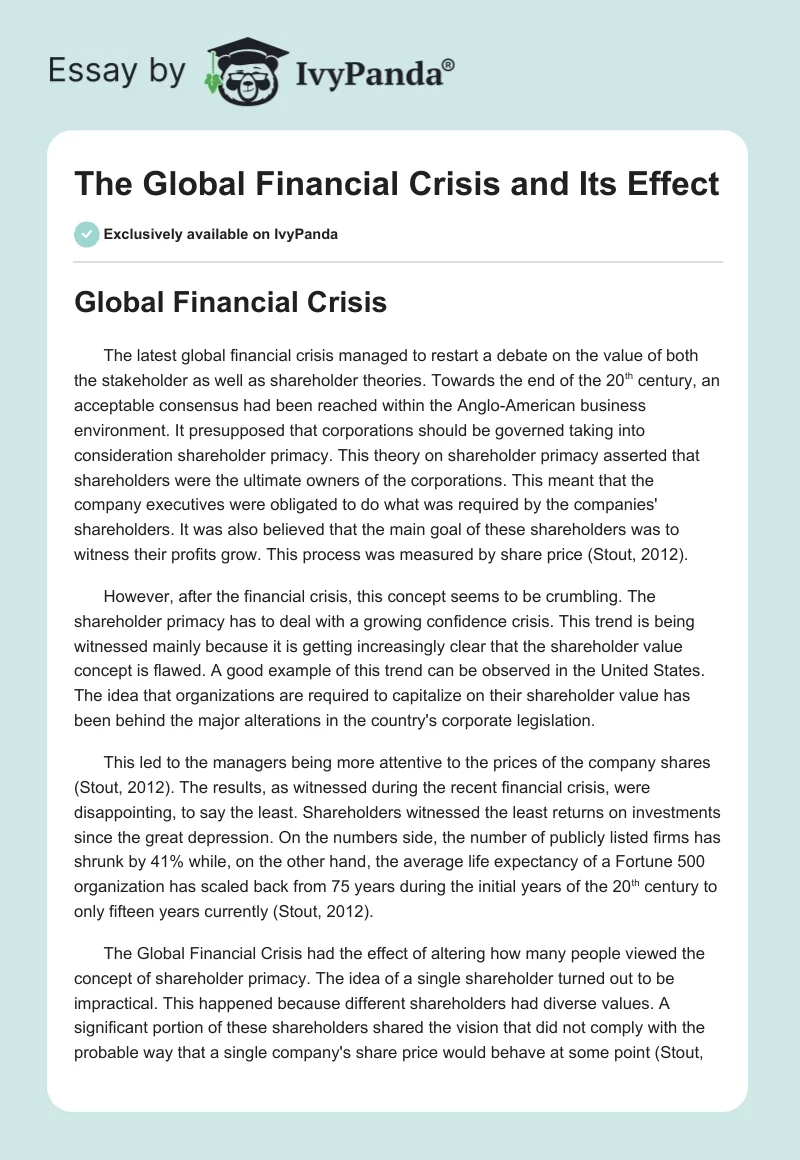 The Global Financial Crisis and Its Effect. Page 1