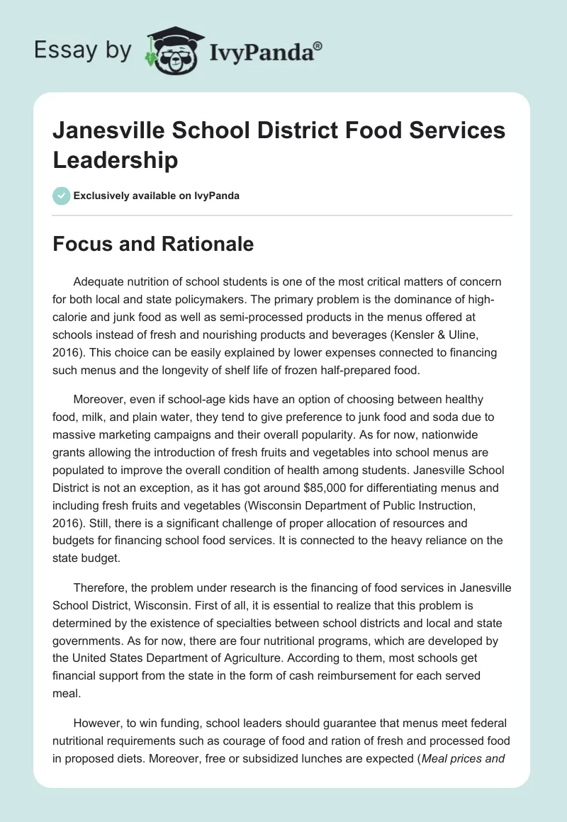 Janesville School District Food Services Leadership. Page 1