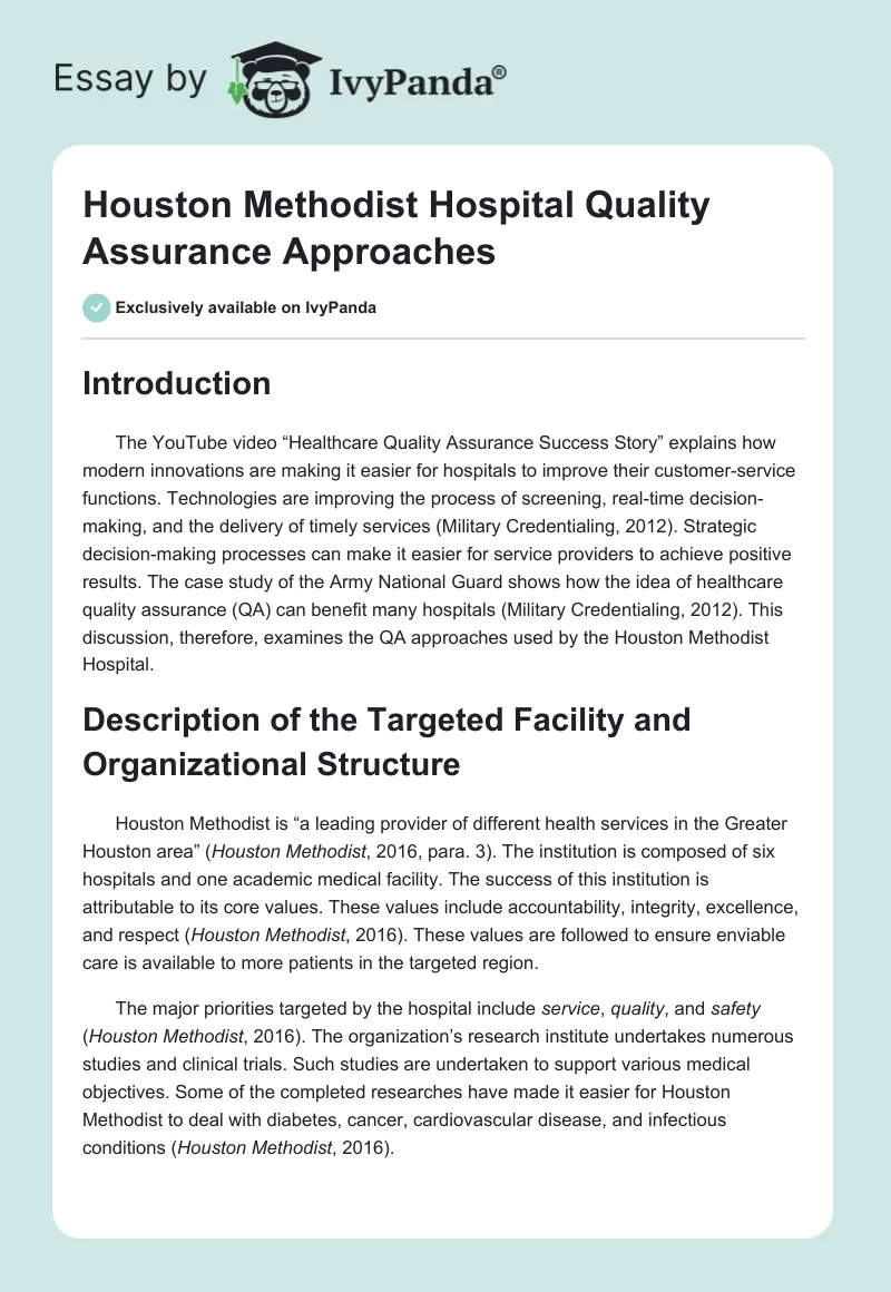 Houston Methodist Hospital Quality Assurance Approaches. Page 1