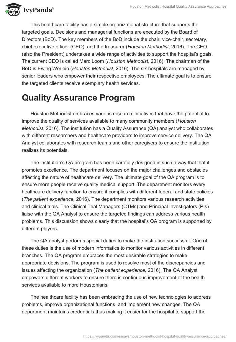 Houston Methodist Hospital Quality Assurance Approaches. Page 2