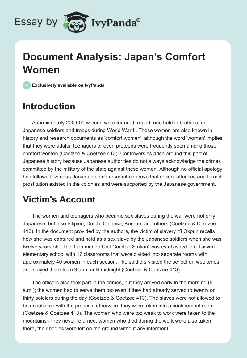 Document Analysis: Japan's Comfort Women. Page 1