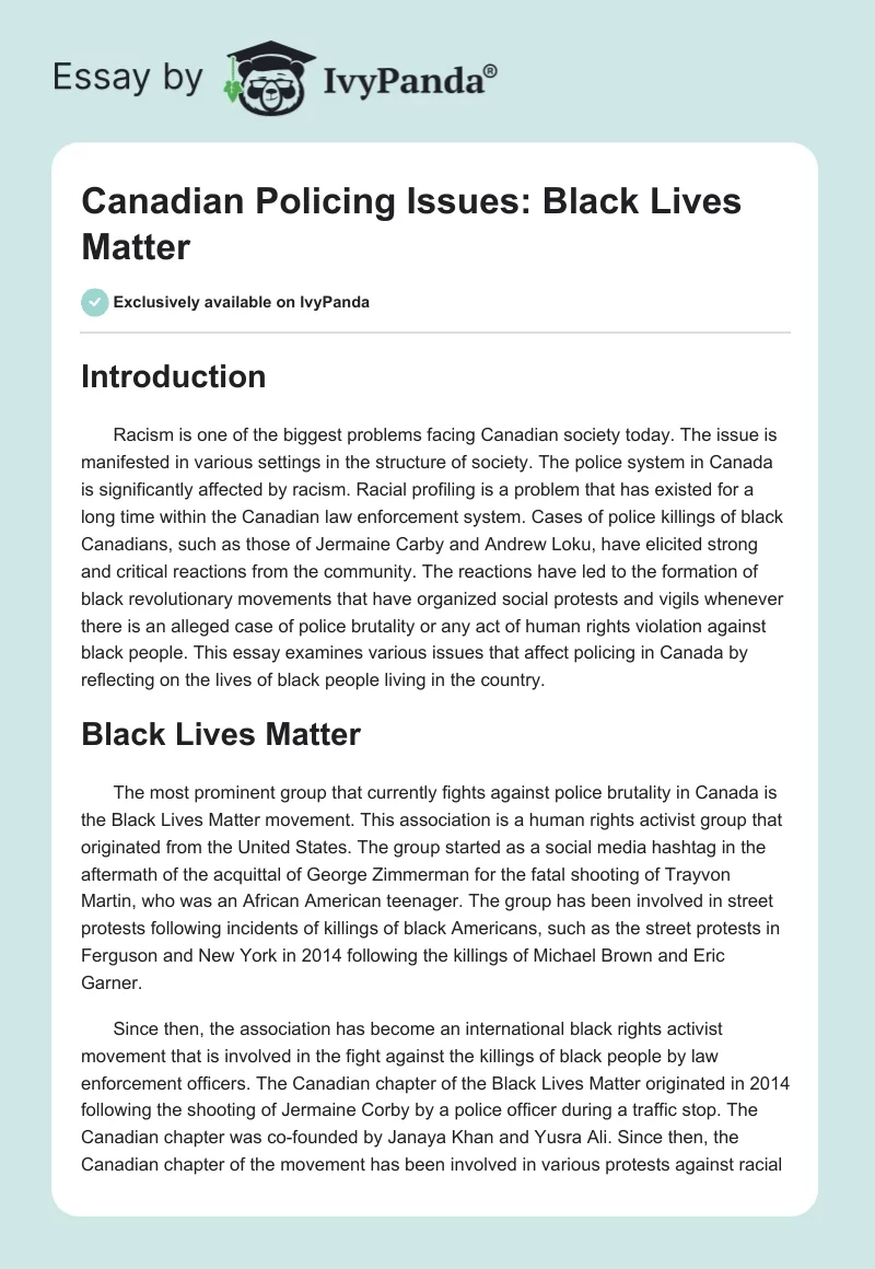 Canadian Policing Issues: Black Lives Matter. Page 1