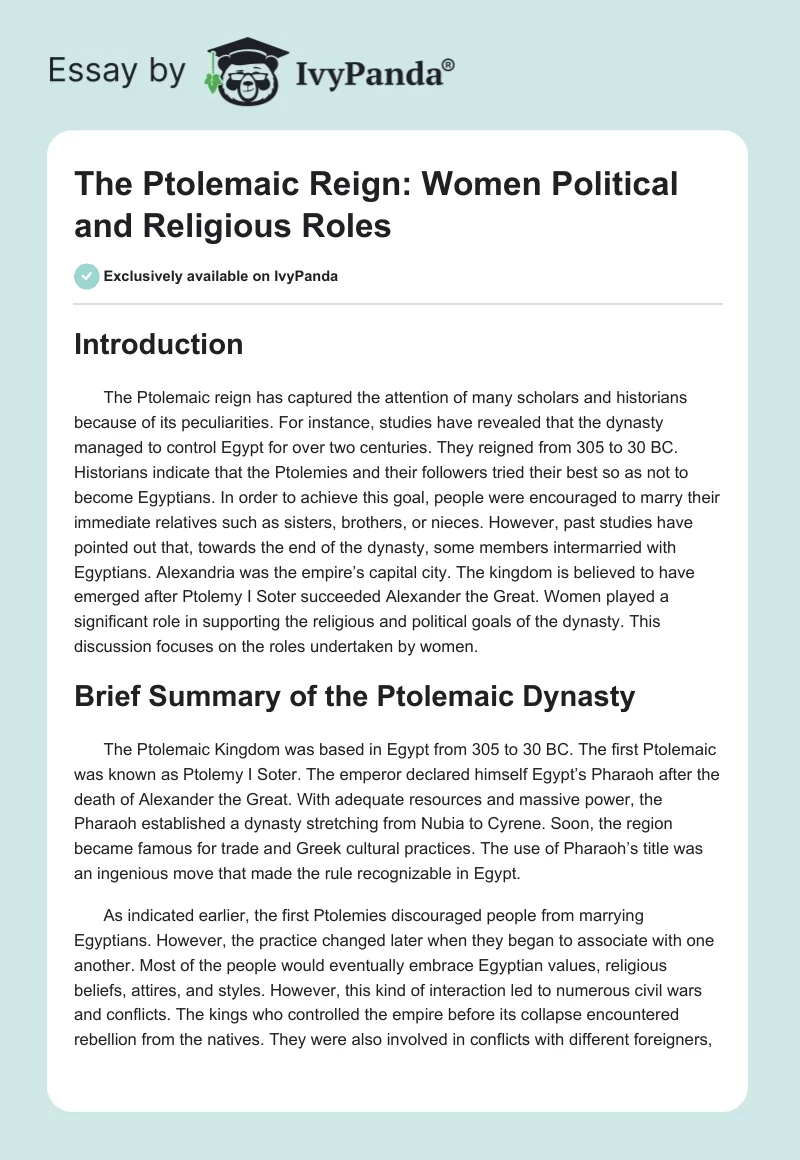 The Ptolemaic Reign: Women Political and Religious Roles. Page 1