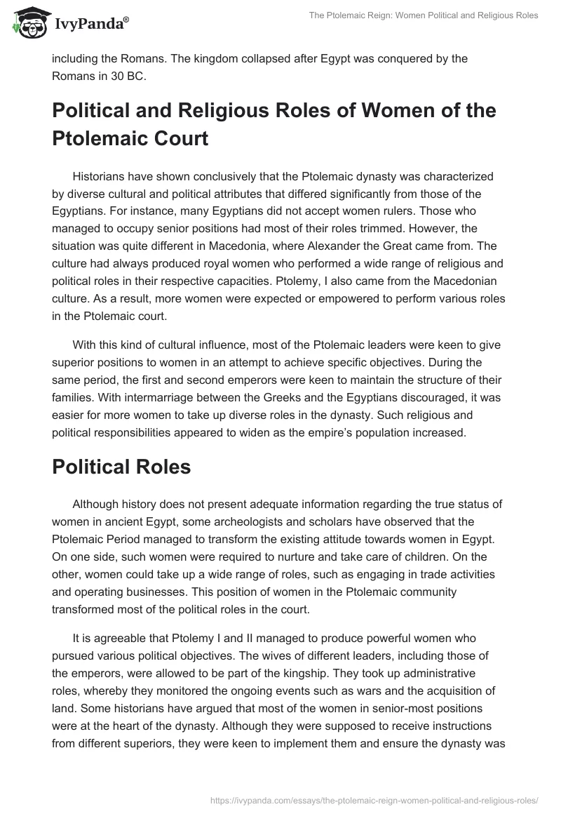 The Ptolemaic Reign: Women Political and Religious Roles. Page 2