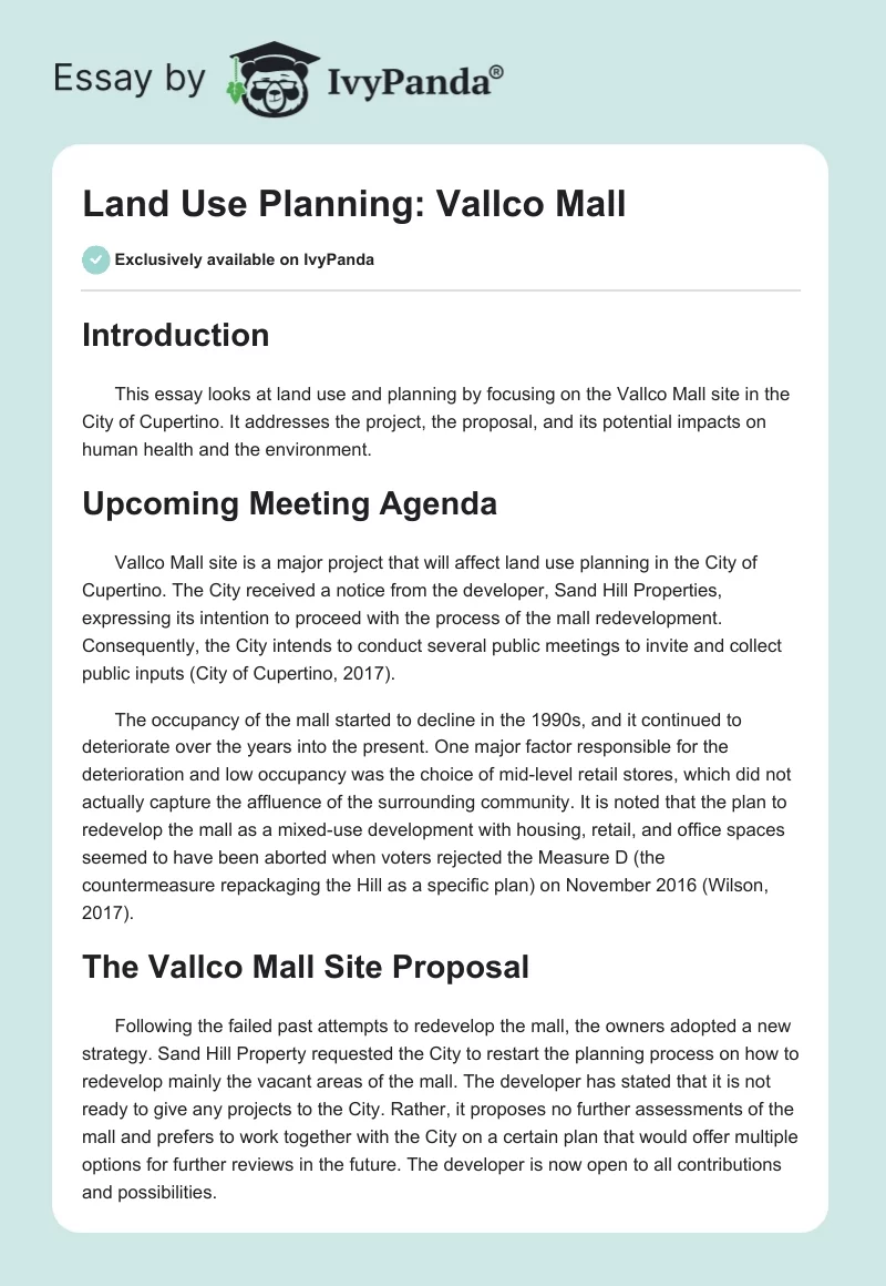 Land Use Planning: Vallco Mall. Page 1