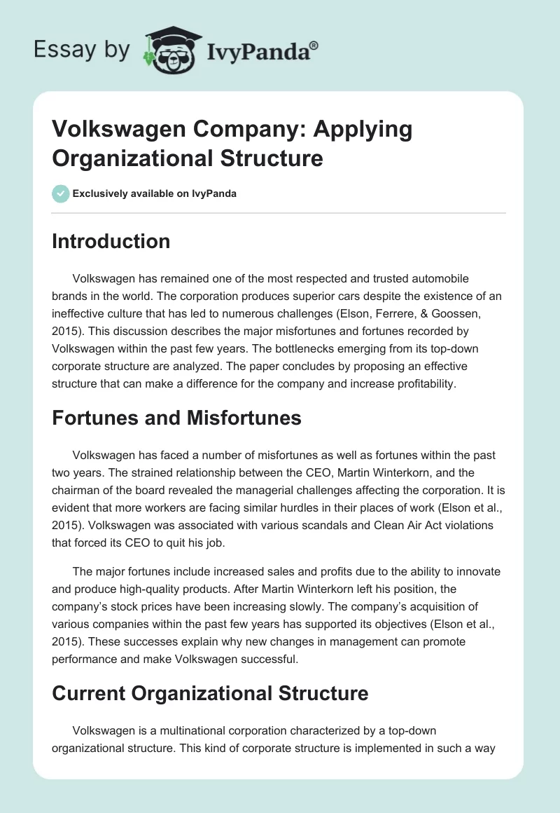 Volkswagen Company: Applying Organizational Structure. Page 1