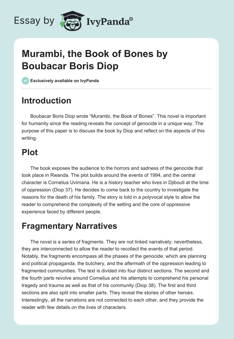 "Murambi, the Book of Bones" by Boubacar Boris Diop. Page 1