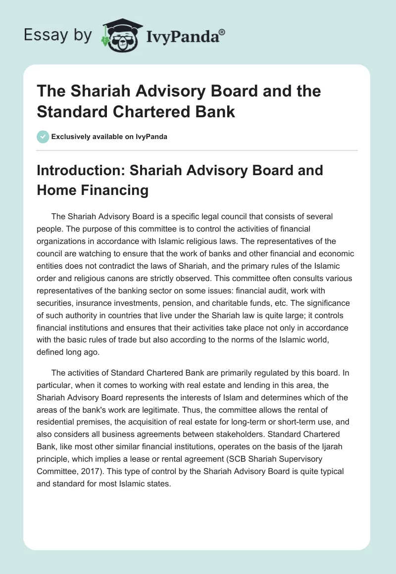 The Shariah Advisory Board and the Standard Chartered Bank. Page 1
