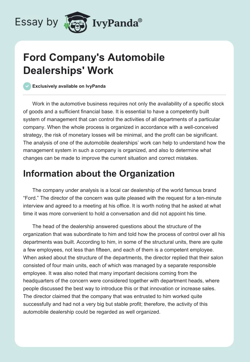 Ford Company's Automobile Dealerships' Work. Page 1