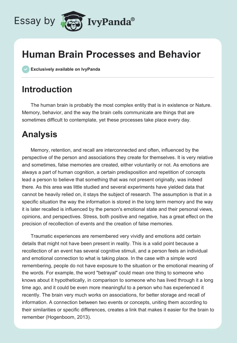 Human Brain Processes and Behavior. Page 1