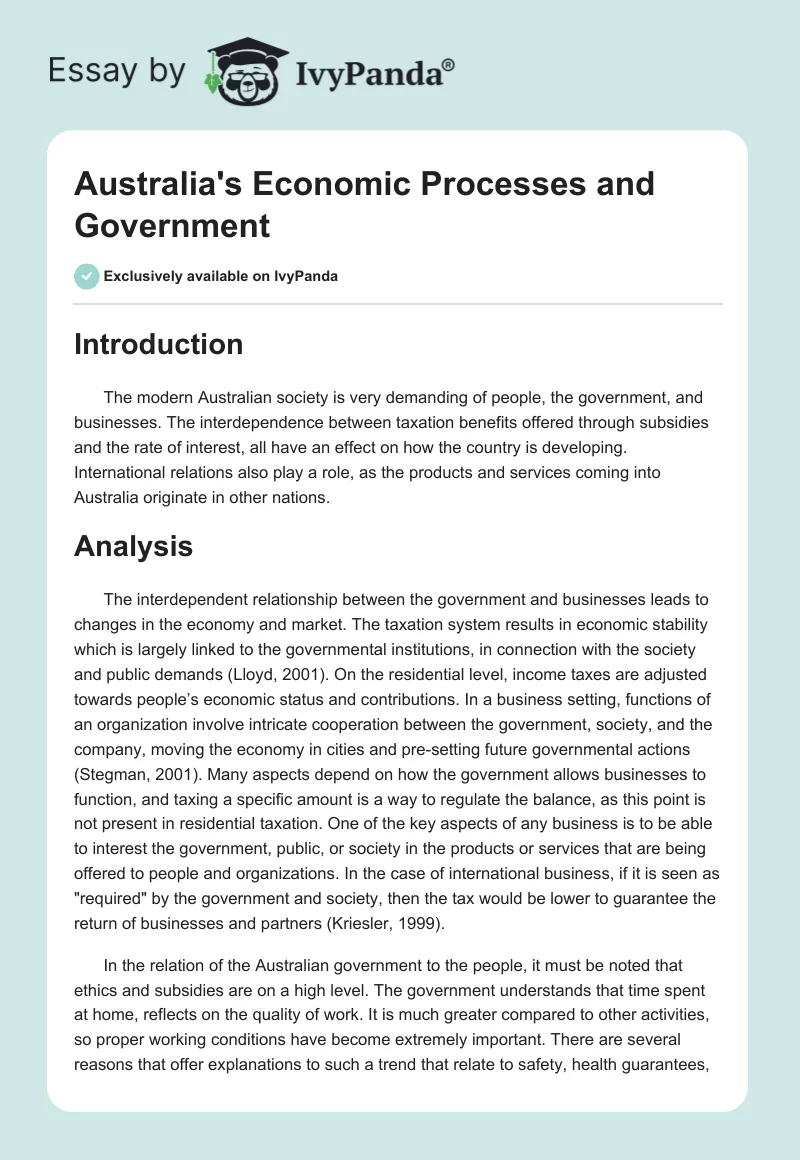 Australia's Economic Processes and Government. Page 1