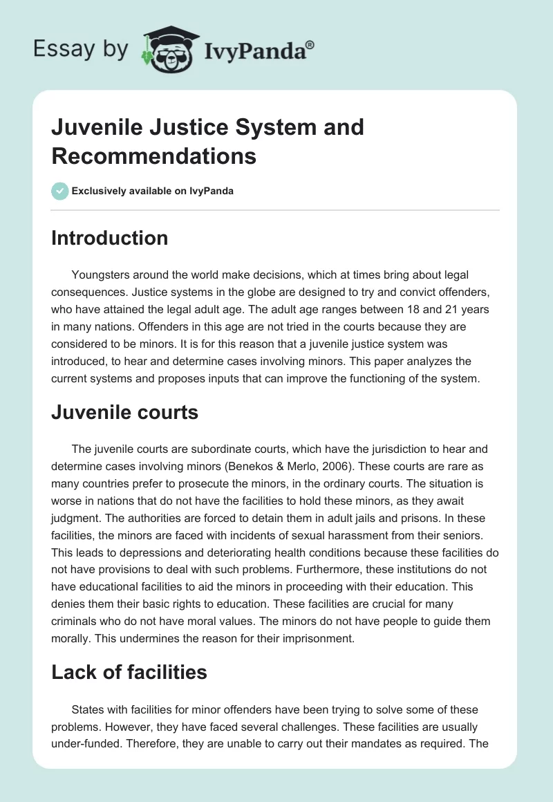 Juvenile Justice System and Recommendations. Page 1