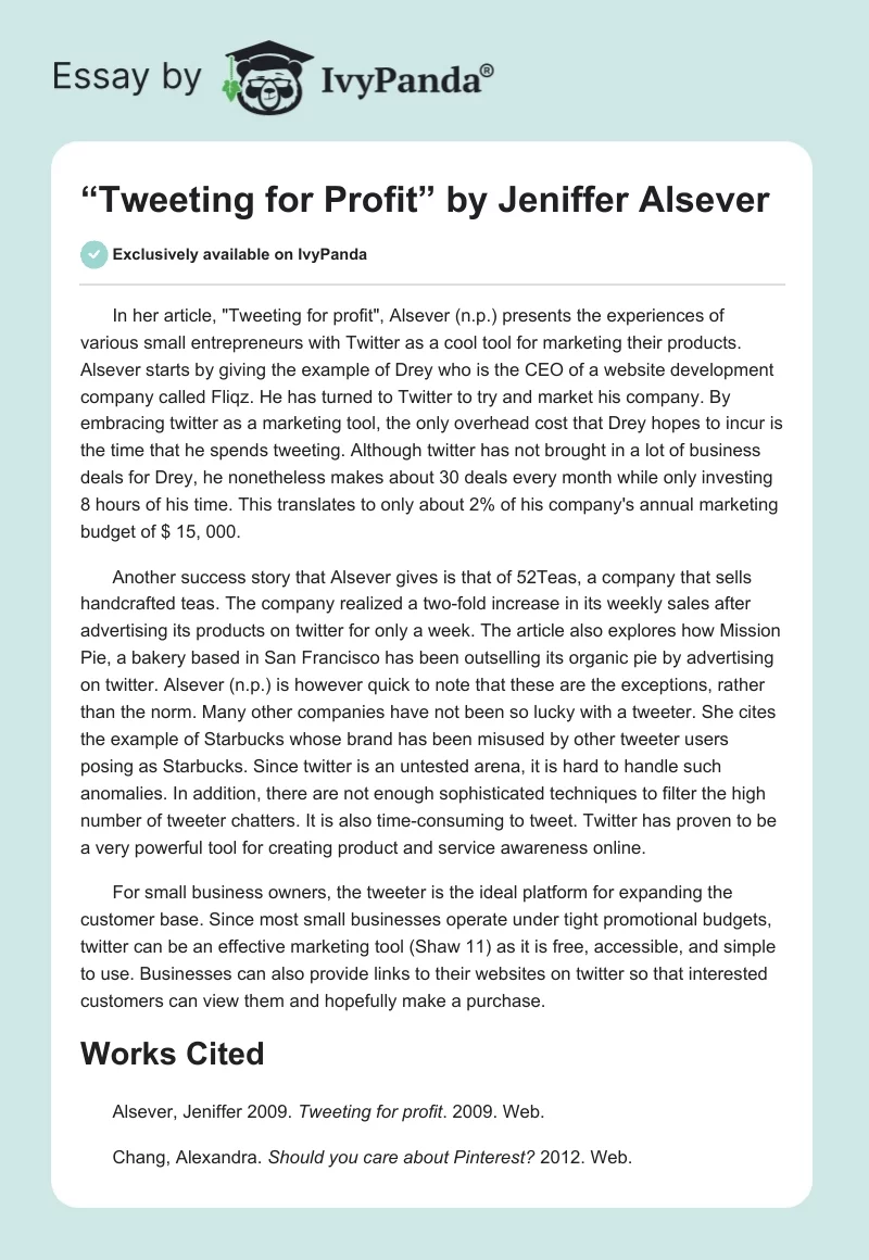 “Tweeting for Profit” by Jeniffer Alsever. Page 1